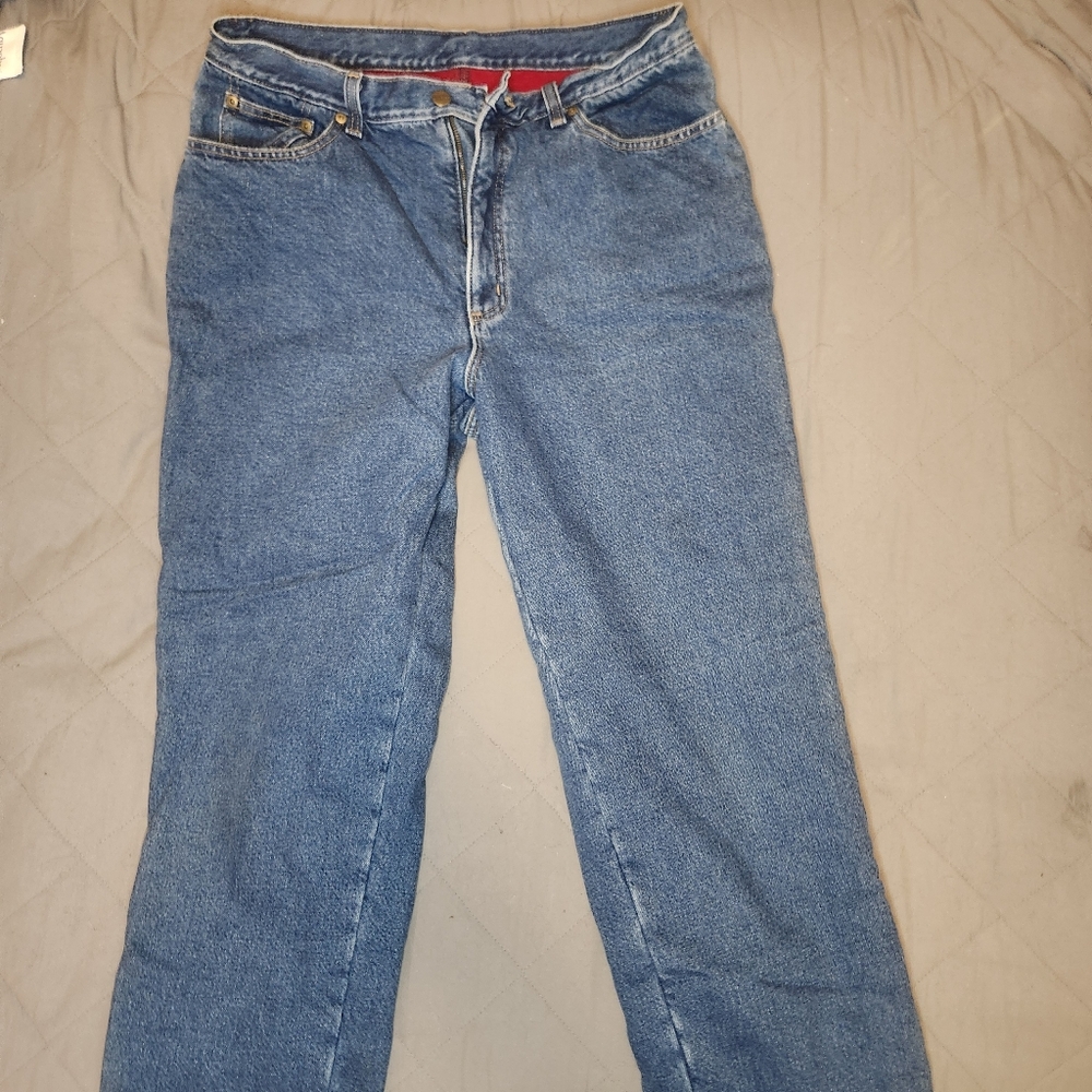 LL Bean Sz 16 Double L Vintage Relaxed Fit Red Flannel Lined Denim Blue Jeans